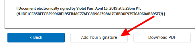 Example electronic signature visible, above 3 buttons: "Back", "Add Your Signature", and "Download PDF".