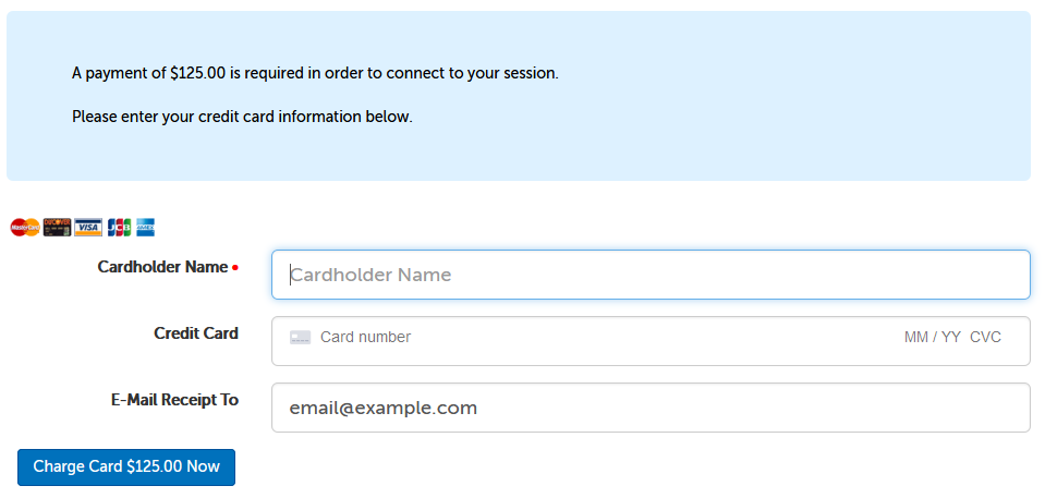 Example of credit card screen, with fields: Cardholder Name, Credit Card number, MM/YY, CVC, and E-Mail Receipt To