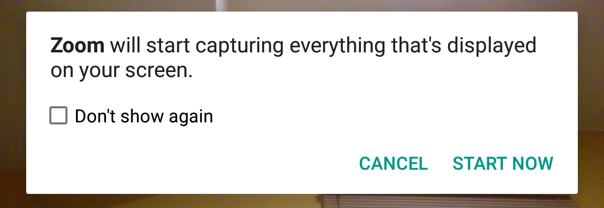 Zoom permission window for Android tablet screen share