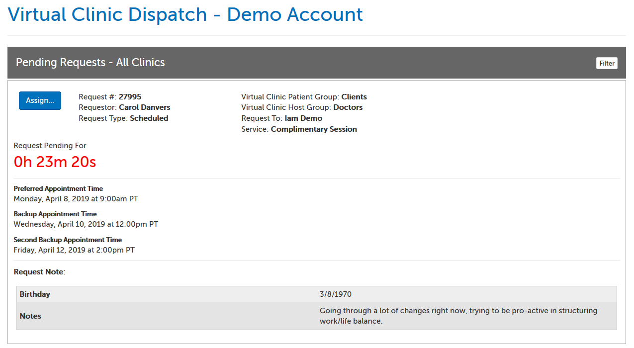 Dispatch index example; pending appointment request